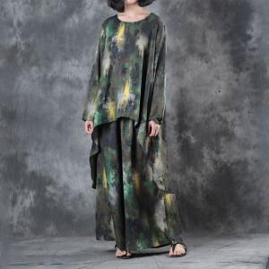 Over 50 Style Green Prints Asymmetrical Top with Cotton Linen Wide Leg Trousers