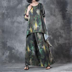 Over 50 Style Green Prints Asymmetrical Top with Cotton Linen Wide Leg Trousers