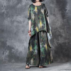 Over 50 Style Green Prints Asymmetrical Top with Cotton Linen Wide Leg Trousers