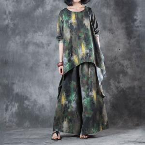 Over 50 Style Green Prints Asymmetrical Top with Cotton Linen Wide Leg Trousers