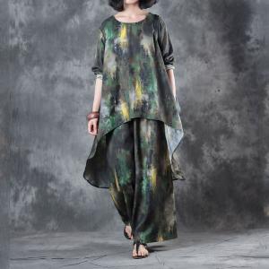 Over 50 Style Green Prints Asymmetrical Top with Cotton Linen Wide Leg Trousers