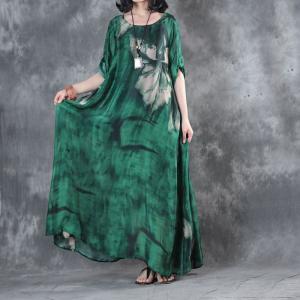 Over50 Style Green Silk Satin Dress Flowers Prints Fit and Flare Dress