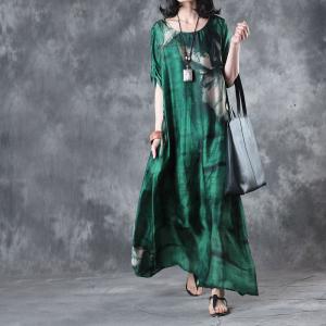 Over50 Style Green Silk Satin Dress Flowers Prints Fit and Flare Dress