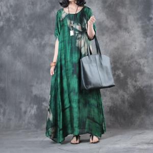 Over50 Style Green Silk Satin Dress Flowers Prints Fit and Flare Dress