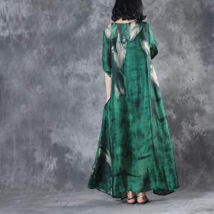 Over50 Style Green Silk Satin Dress Flowers Prints Fit and Flare Dress