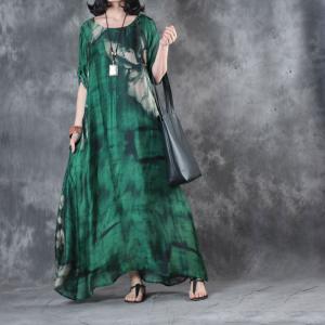Over50 Style Green Silk Satin Dress Flowers Prints Fit and Flare Dress