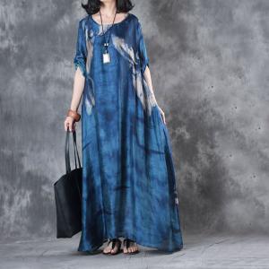 Spring Fashion Printing Blue Dress Loose Vintage Kaftan Dress