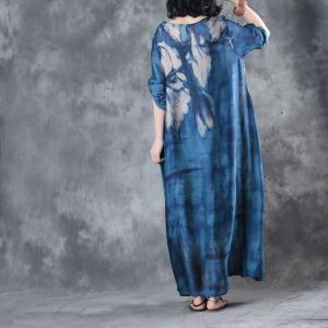 Spring Fashion Printing Blue Dress Loose Vintage Kaftan Dress