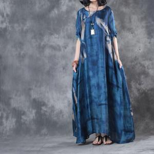 Spring Fashion Printing Blue Dress Loose Vintage Kaftan Dress