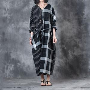 Large Size Checkered Kaftan Dress Belted Cotton Linen Dress