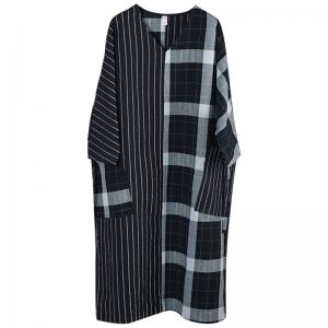 Large Size Checkered Kaftan Dress Belted Cotton Linen Dress