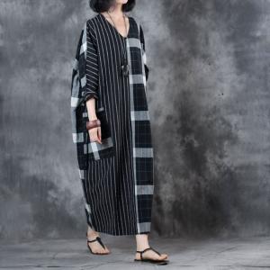 Large Size Checkered Kaftan Dress Belted Cotton Linen Dress