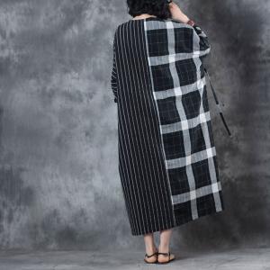Large Size Checkered Kaftan Dress Belted Cotton Linen Dress