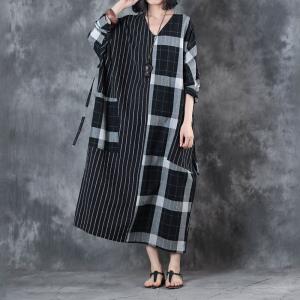 Large Size Checkered Kaftan Dress Belted Cotton Linen Dress