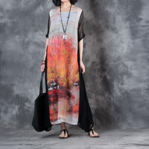 Vintage Printing Silk Sleeve Ramie Dress Senior Woman Loose Clothing