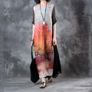 Vintage Printing Silk Sleeve Ramie Dress Senior Woman Loose Clothing