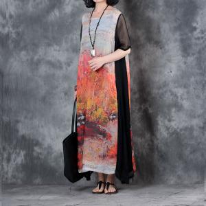 Vintage Printing Silk Sleeve Ramie Dress Senior Woman Loose Clothing