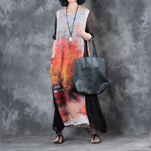 Vintage Printing Silk Sleeve Ramie Dress Senior Woman Loose Clothing