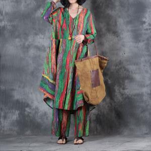 Over50 Style Colorful Stripes Ladies Shirt with Wide Leg Pants