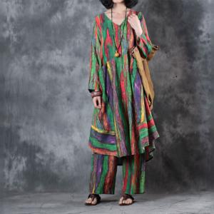 Over50 Style Colorful Stripes Ladies Shirt with Wide Leg Pants