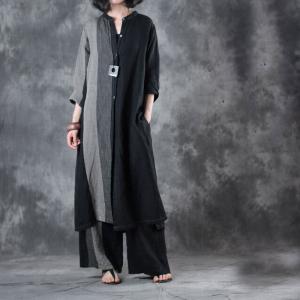 Black Contrast Long Linen Blouse Womens Loose Tunic ( Pants are not Included)