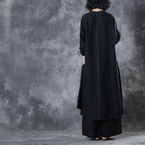 Black Contrast Long Linen Blouse Womens Loose Tunic