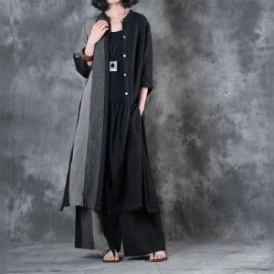 Black Contrast Long Linen Blouse Womens Loose Tunic