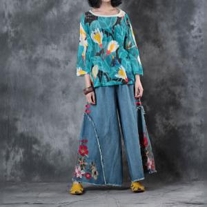 Chinese Buttons Rose Embroidered Jeans Vintage Wide Leg Jeans