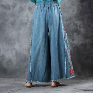 Chinese Buttons Rose Embroidered Jeans Vintage Wide Leg Jeans