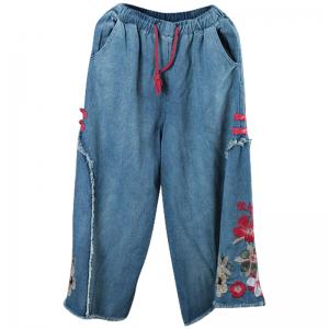 Chinese Buttons Rose Embroidered Jeans Vintage Wide Leg Jeans