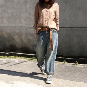 Summer Fashion Womans Baggy Jeans Soft Cotton Jeans with Belts