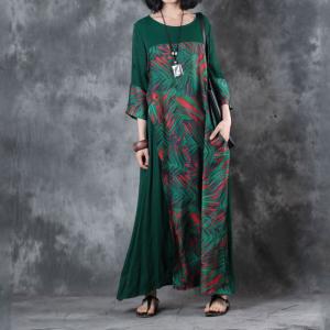 Bamboo Leaf Front Slit Green Dress Loose Draped Maxi Dress