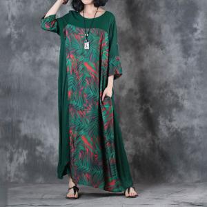 Bamboo Leaf Front Slit Green Dress Loose Draped Maxi Dress