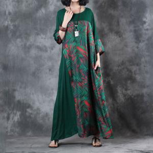 Bamboo Leaf Front Slit Green Dress Loose Draped Maxi Dress