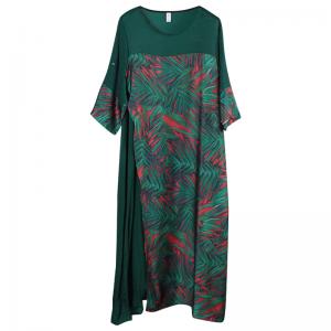 Bamboo Leaf Front Slit Green Dress Loose Draped Maxi Dress