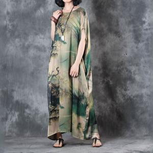 Over50 Style Loose Chinese Dress Landscape Summer Kaftan Dress