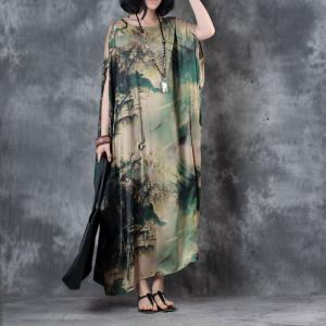 Over50 Style Loose Chinese Dress Landscape Summer Kaftan Dress