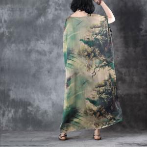 Over50 Style Loose Chinese Dress Landscape Summer Kaftan Dress