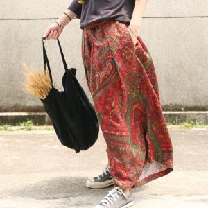 Ethnic Prints Linen Wide Leg Trousers Womans Folk Palazzo Pants