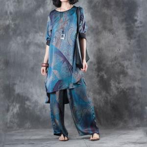 Blue Printing Silk Satin Loose Blouse with Vintage Wide Leg Pants