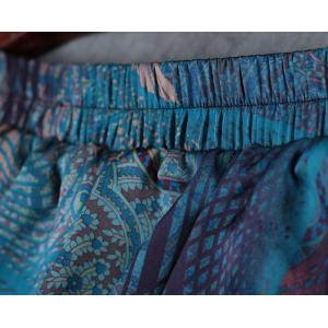 Blue Printing Silk Satin Loose Blouse with Vintage Wide Leg Pants