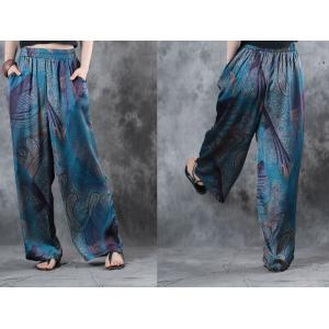 Blue Printing Silk Satin Loose Blouse with Vintage Wide Leg Pants