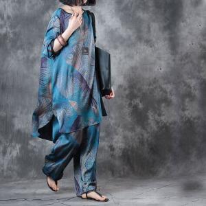 Blue Printing Silk Satin Loose Blouse with Vintage Wide Leg Pants