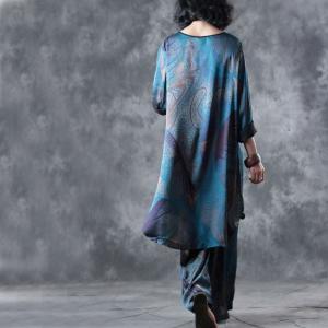 Blue Printing Silk Satin Loose Blouse with Vintage Wide Leg Pants