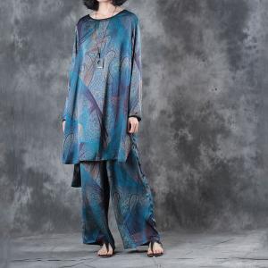 Blue Printing Silk Satin Loose Blouse with Vintage Wide Leg Pants