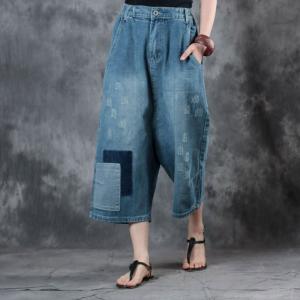 Street Style Blue Patchwork Wide Leg Jeans Loose Cropped Pants