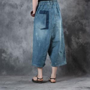 Street Style Blue Patchwork Wide Leg Jeans Loose Cropped Pants