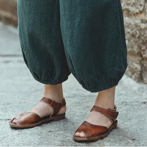 Peep Toe Calf Leather Summer Sandals Vintage Handmade Flats