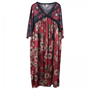 V-Neck Red Flowers Retro Dress Loose Lace Fringed Bohemian Dress