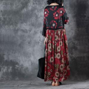 V-Neck Red Flowers Retro Dress Loose Lace Fringed Bohemian Dress